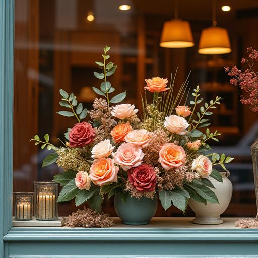 ショップの窓辺に飾られた季節のアレンジメント